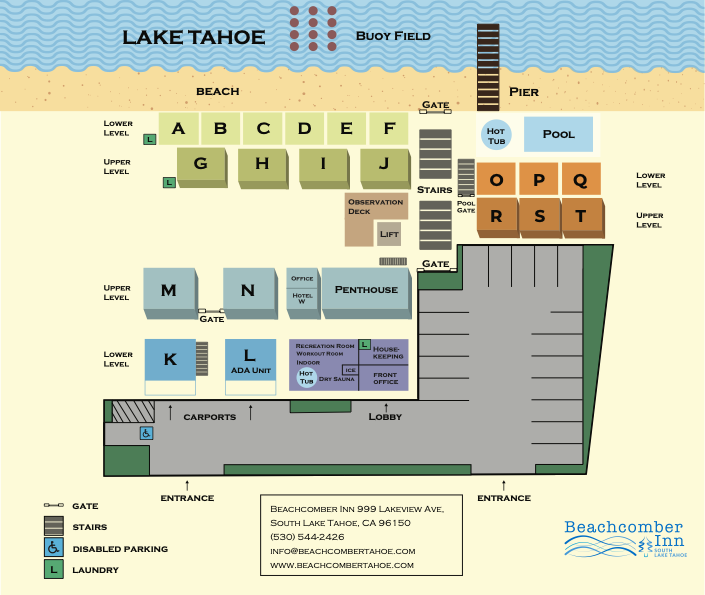 Resort map of The Beachcomber Inn showing the 20 lettered lake-view units, A through T, along the beachfront with the pool, recreation room, and boat dock