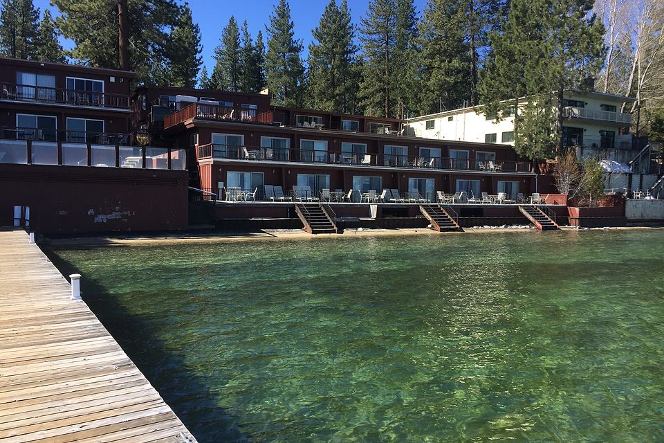 The resort seen from the private dock over the clear waters of Lake Tahoe