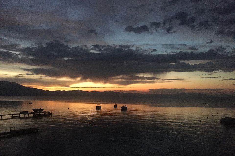Dusk over Lake Tahoe and the resort's mooring buoys