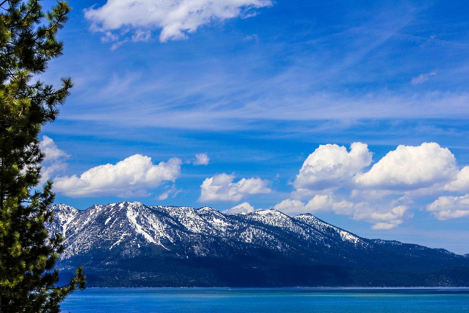Lake Tahoe and the snow-capped mountains from the Beachcomber Inn