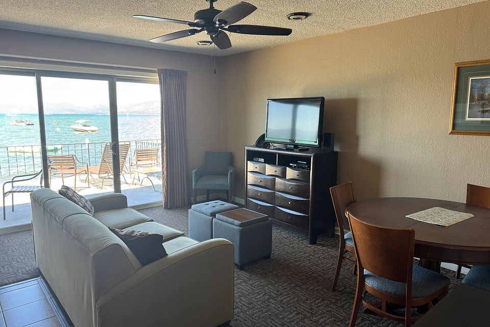 Living room with a Lake Tahoe view, Unit D at the Beachcomber Inn