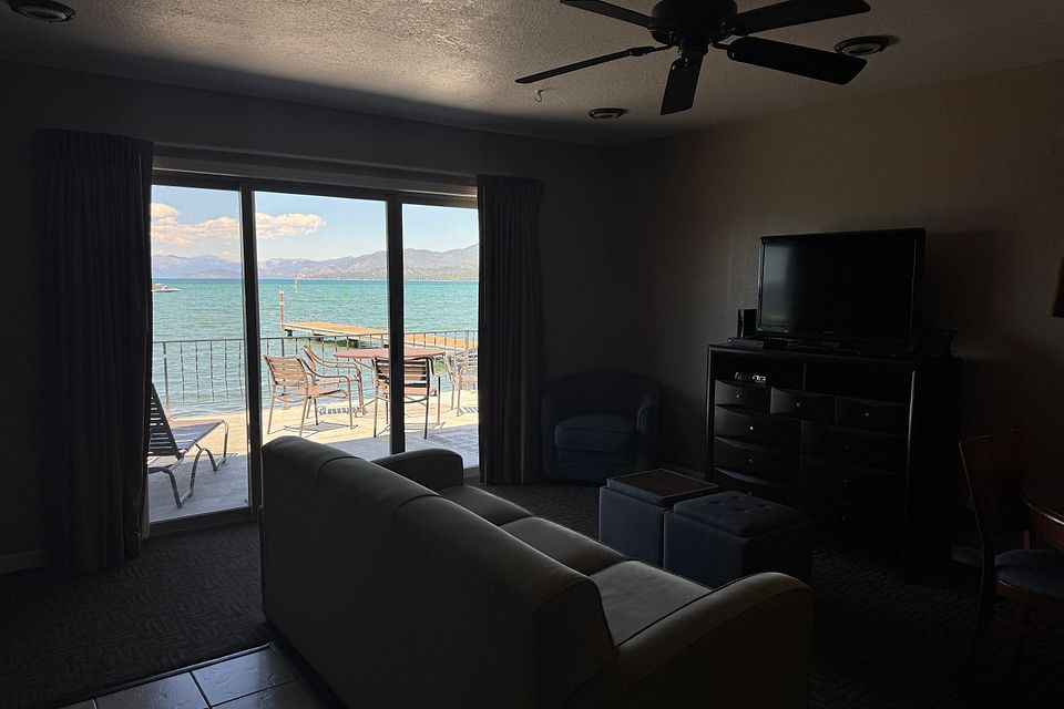 Living room with a Lake Tahoe view, Unit F at the Beachcomber Inn
