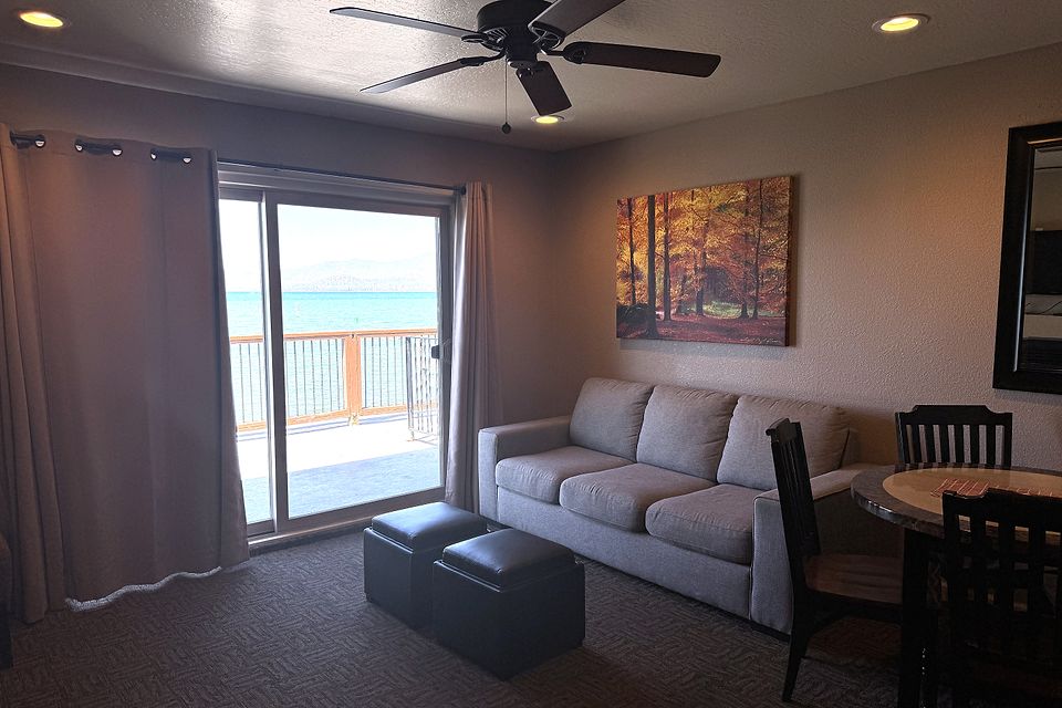 Living room with a Lake Tahoe view, Unit H at the Beachcomber Inn