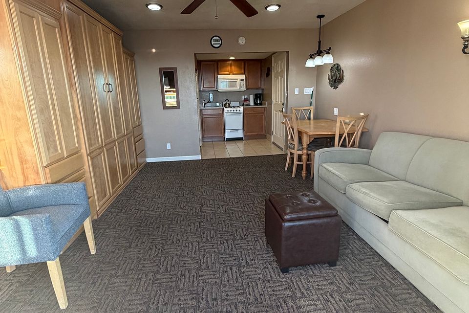 Living area of a lake-view studio, Unit S
